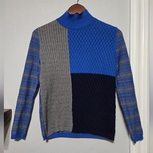 Edinburgh Knitted Mock Neck Patchwork Sweater Women's Size Small Blue Gray